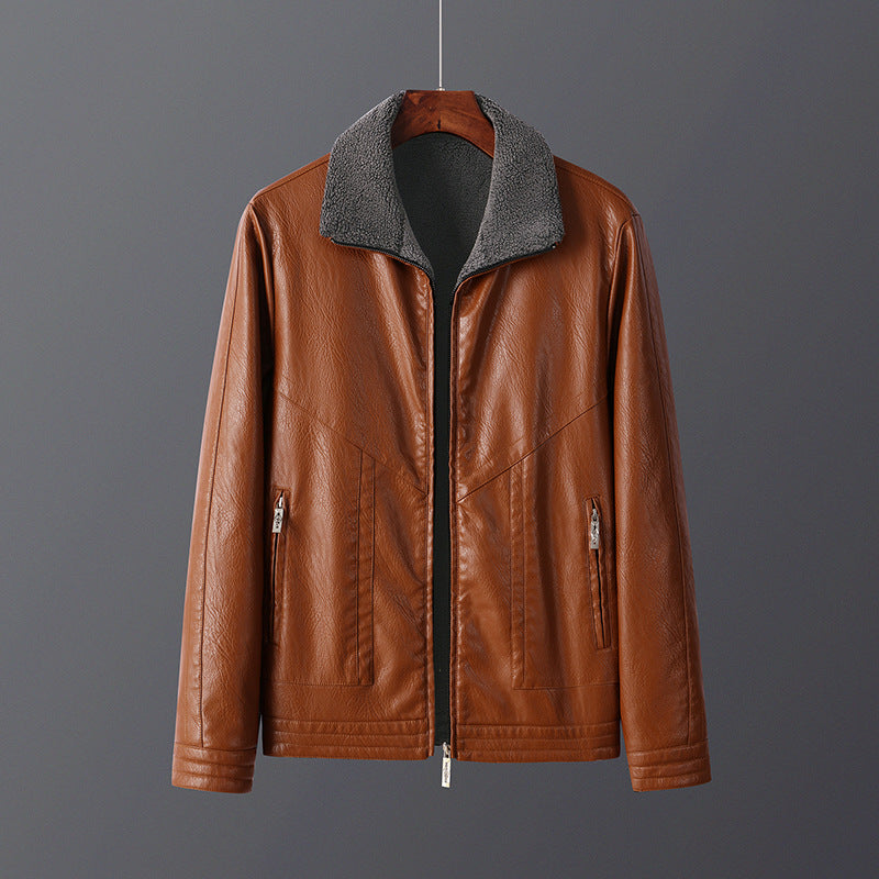 Men's Fleece-Lined Leather Jacket Thickened Outerwear