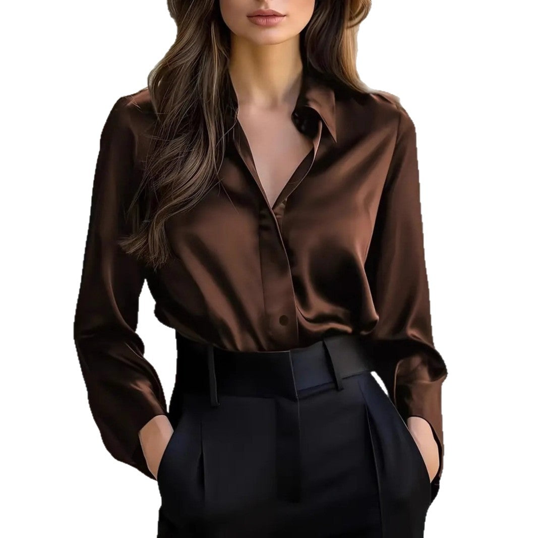 Elegant Satin Long Sleeve Blouse For Women Button-Up Collar Shirt Perfect For Casual Professional Business Work Wear Women's Clothing