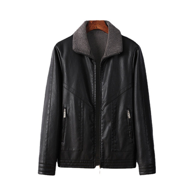 Men's Fleece-Lined Leather Jacket Thickened Outerwear