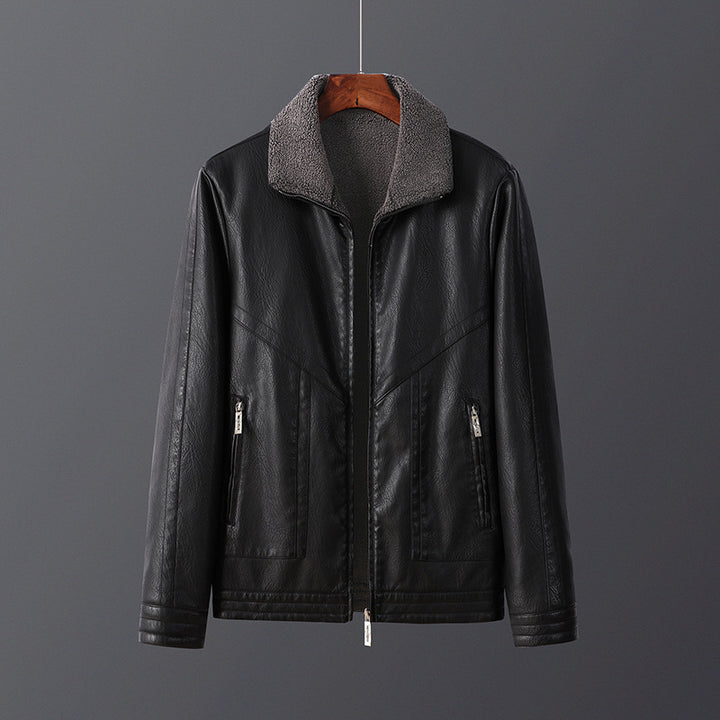 Men's Fleece-Lined Leather Jacket Thickened Outerwear