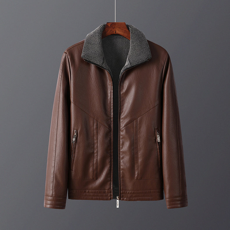 Men's Fleece-Lined Leather Jacket Thickened Outerwear