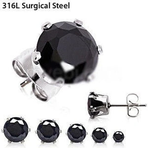 Pair of 316L Surgical Steel Black round CZ Stud