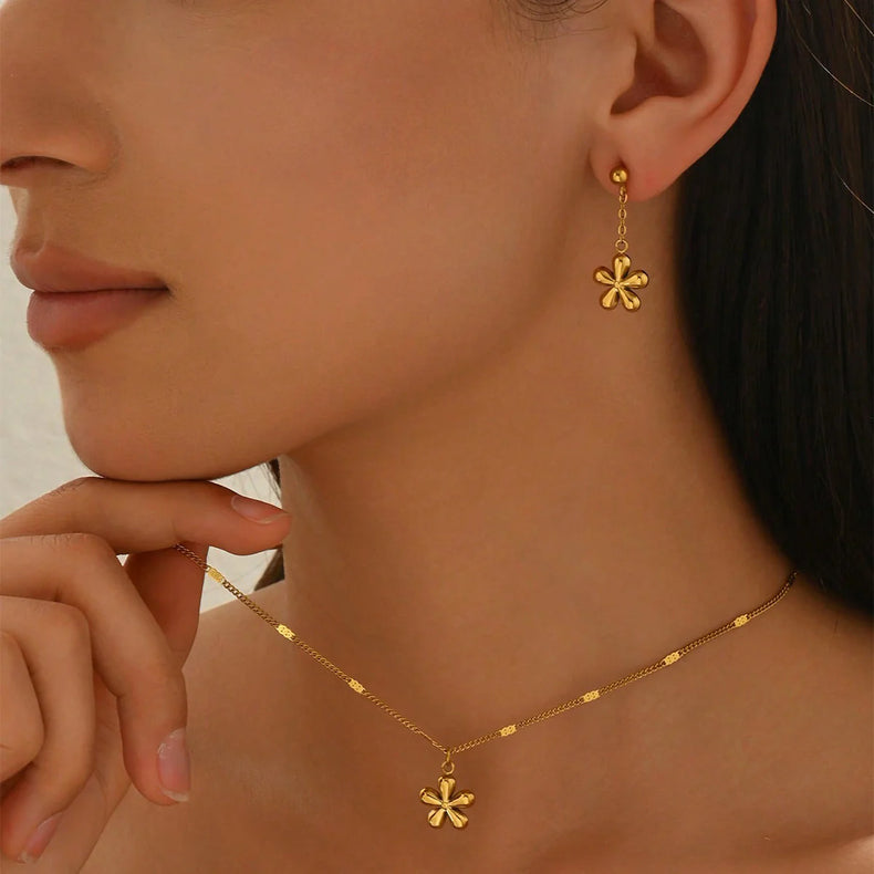 18K Gold Plated Floral Necklace Drop Earrings